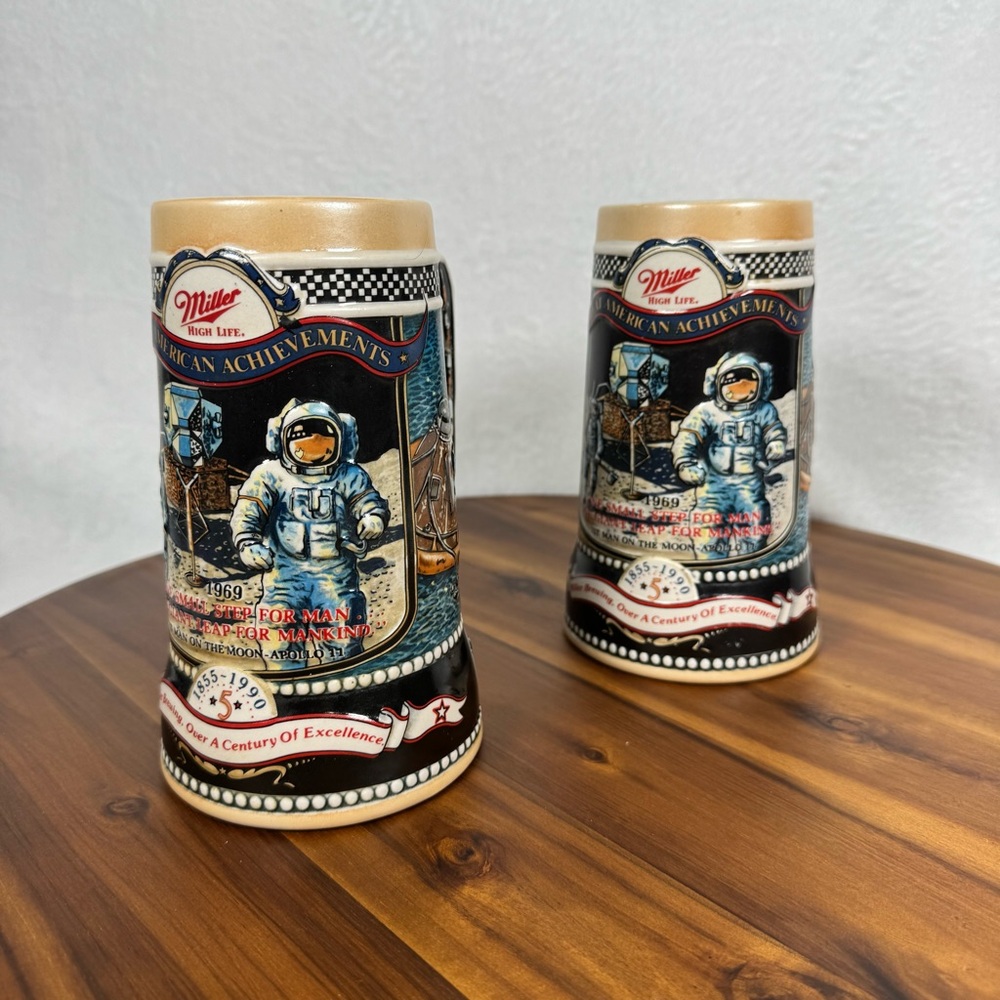 Miller American Achievements Ceramic Beer Steins - Cream and Blue